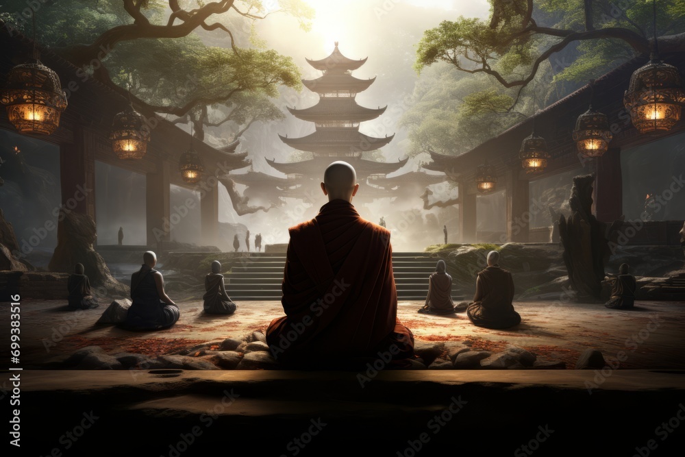 Zen Monks Meditating in an Ancient Temple  in their Spiritual Search for Enlightenment,  Compassion, Love, and Inner Peace