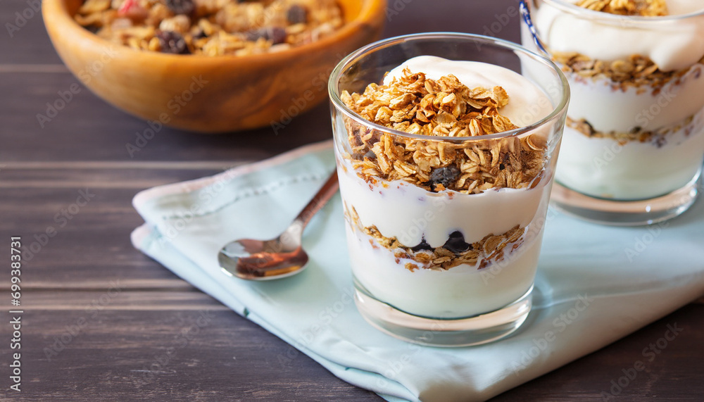 muesli and yogurt in a glass on a table, selective focus muesli and yogurt in a glass on a table, selective focus