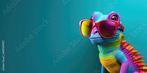 3d cartoon colorful chameleon wearing sunglasses on colorful background, copy space