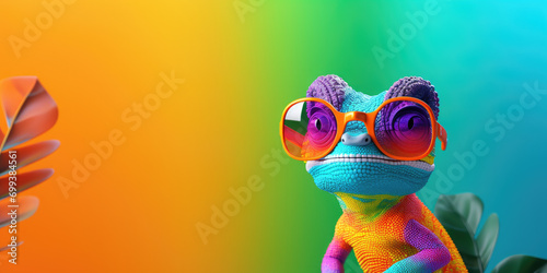 3d cartoon colorful chameleon wearing sunglasses on colorful background, copy space photo