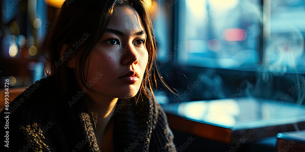 illustration of a woman in a cafe, generative AI illustration of a woman in a cafe, generative AI