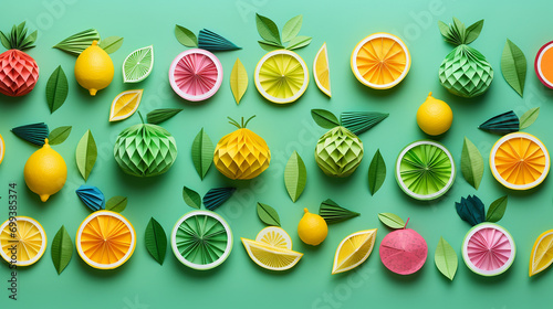 top view of various handmade colorful origami fruits isolated on green background