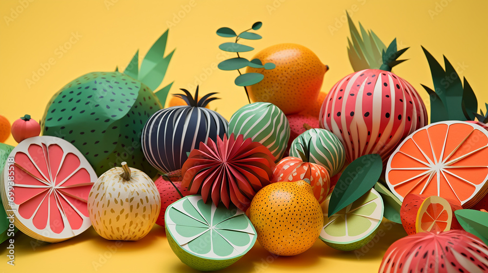 colorful background with top view of various handmade colorful origami fruits on yellow background