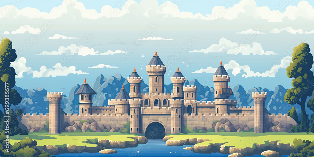 Castle background video game style illustration castles towers 8-bit, vintage computer graphics, generated ai	