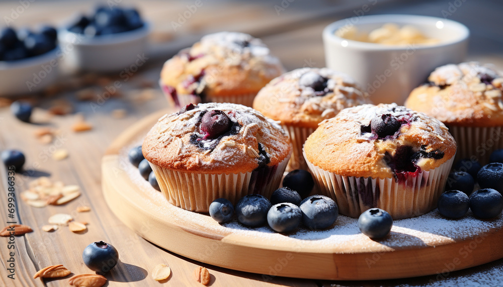 Fresh blueberry muffin on wooden table, homemade snack generated by AI Fresh blueberry muffin on wooden table, homemade snack generated by AI