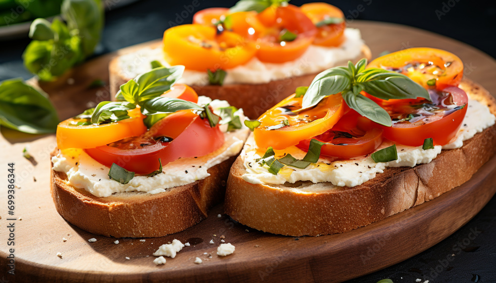 Freshness and gourmet toasted ciabatta with mozzarella generated by AI Freshness and gourmet toasted ciabatta with mozzarella generated by AI