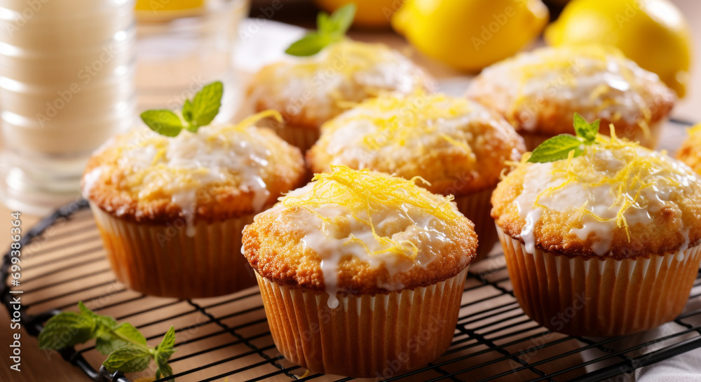 Freshly baked homemade muffin with lemon icing generated by AI Freshly baked homemade muffin with lemon icing generated by AI