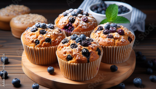 Fresh blueberry muffin on wooden table, homemade dessert generated by AI