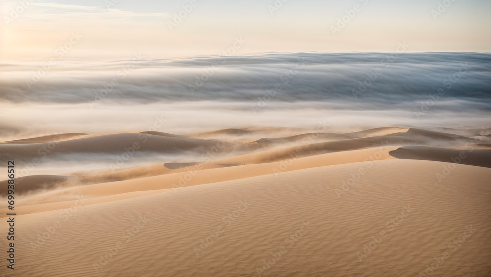 A blanket of fog settling over a sea of sand dunes Generative AI
