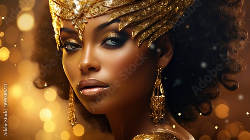 Elegant woman in golden crown and jewelry with festive makeup. Luxury beauty.