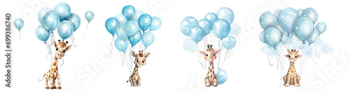 Collection of PNG. Light blue cute giraffe floating in the air with balloons. Children's book illustration style isolated on a transparent background.