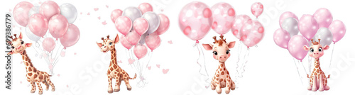 Collection of PNG. Pink cute giraffe floating in the air with balloons. Children's book illustration style isolated on a transparent background.