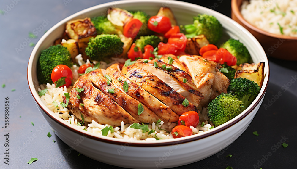 Grilled chicken breast with vegetables, a healthy meal generated by AI Grilled chicken breast with vegetables, a healthy meal generated by AI