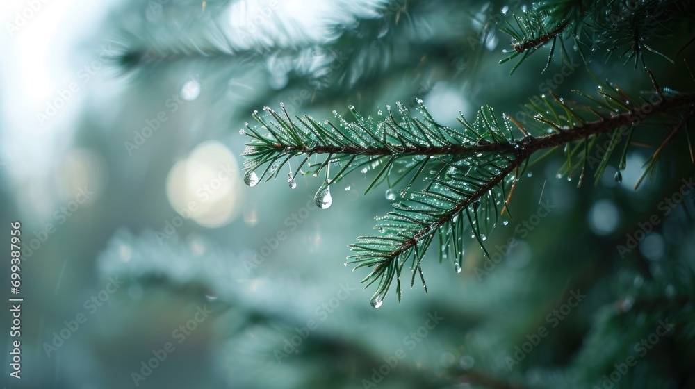 Dew Drops on Fir Tree Branch in Misty Forest