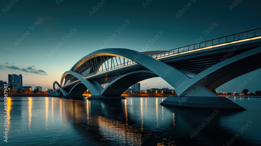 Naklejka premium Futuristic Bridge Architecture Over Calm Waters at Night