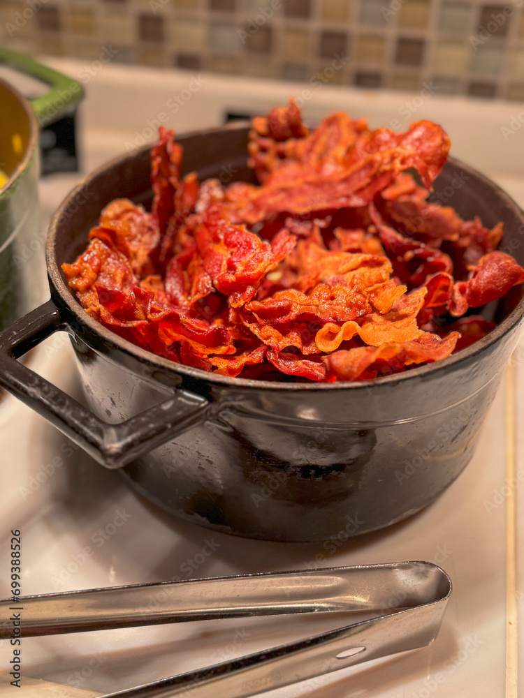 bacon in pan on the table bacon in pan on the table