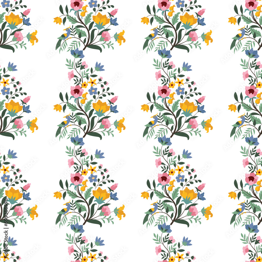 Original Floral design with of a woody vine with exotic flowers, tropic leaves and smaller birds. Original Floral design with of a woody vine with exotic flowers, tropic leaves and smaller birds.