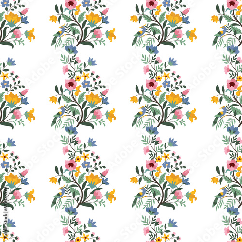 Original Floral design with of a woody vine with exotic flowers, tropic leaves and smaller birds.