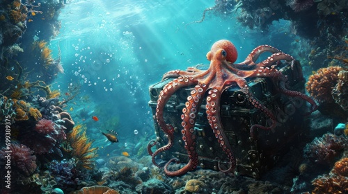 Octopus Guardian of Sunken Treasures in a Coral Reef