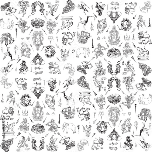 Thai Yantra ancient tattoo designs Seam less pattern. Vector black and white background. Pictures of sacred things, legendary animals, and ancient characters of Thailand. It  popular in Thai in past