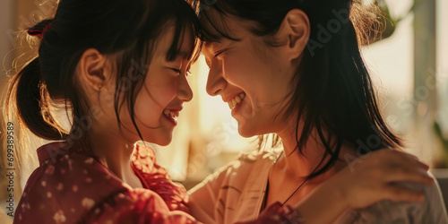 Close-up of happy asian mother and daughter looking at each other, Mother's day concept photo
