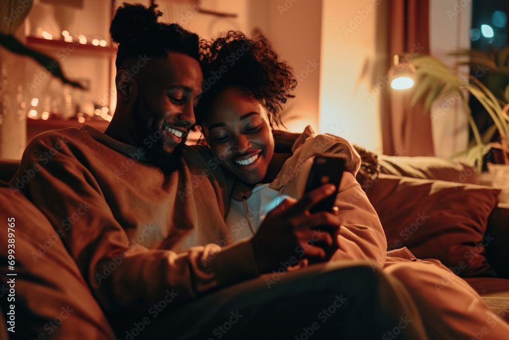 African American happy young couple using smart phone while relaxing on a couch in their living room at home