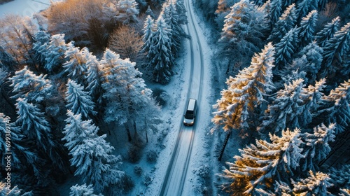Winter Drive Through Frosty Forest Landscape