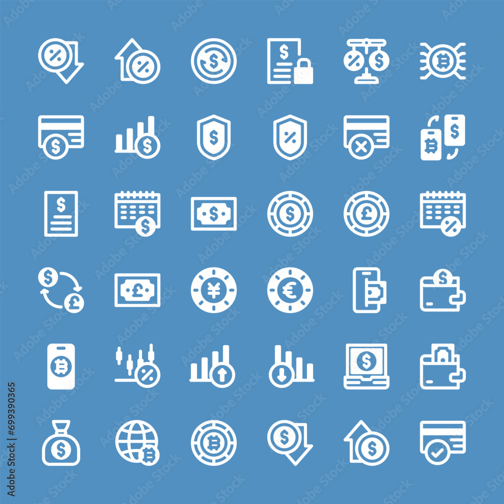 36 financial icons in line glyph style, including money, investment, graph, cash, currency, business and more.