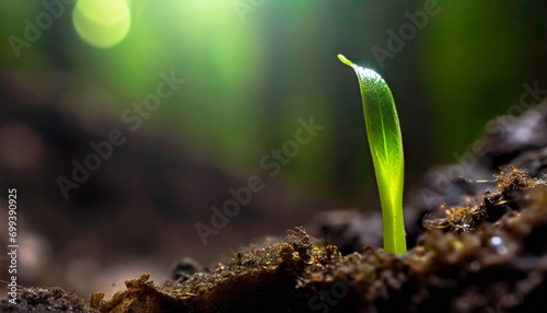 Green young sprouts begin to emerge from the soil. Beginning of spring