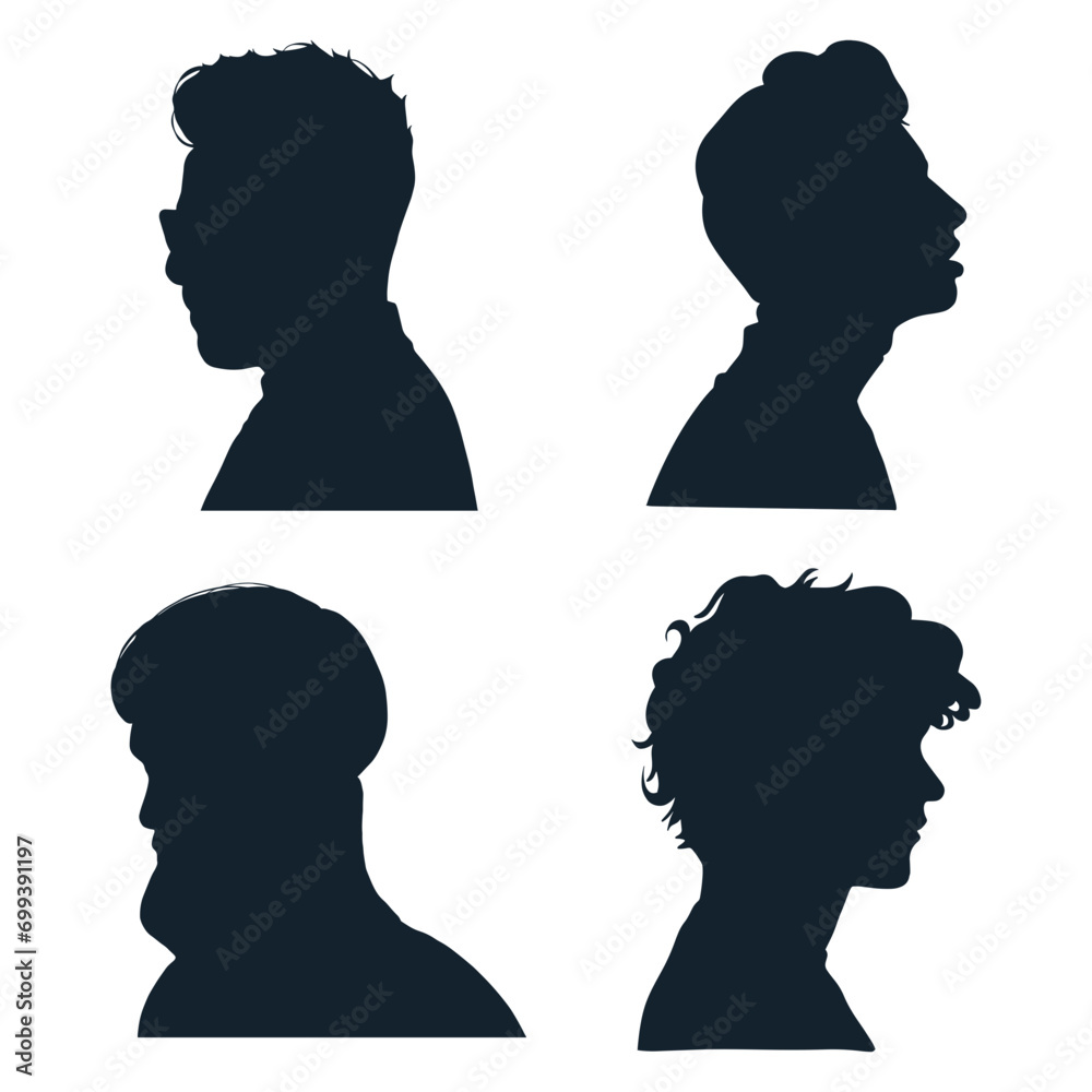 Collection of Man Head Silhouette. Isolated On White Background. Vector Illustration. 