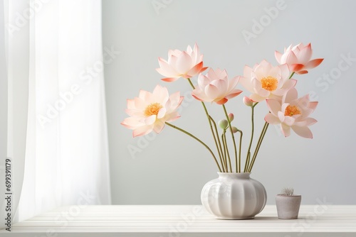 art of arranging flowers  very beautiful white pink lotus flowers in a vase on the table with a light background