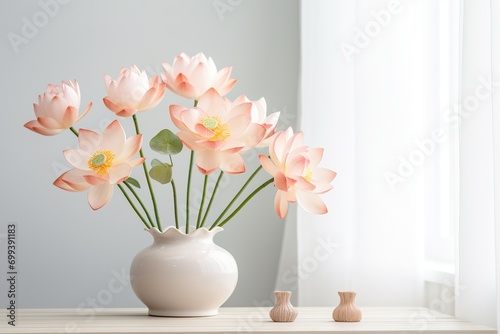 art of arranging flowers  very beautiful white pink lotus flowers in a vase on the table with a light background