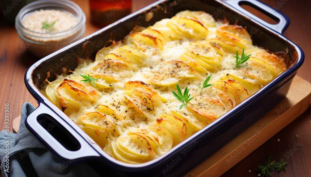 Freshness and gourmet meal, baked gratin on table generated by AI Freshness and gourmet meal, baked gratin on table generated by AI