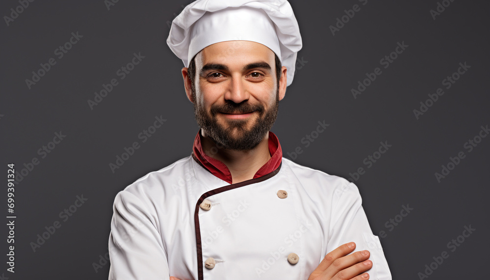 Smiling chef in uniform, cooking with expertise generated by AI