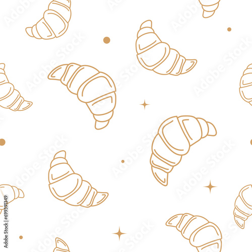 Vector illustration. Contour seamless pattern with cute croissant sketch style. Hand drawn food elements. Desserts and sweets festive pattern for textiles, wallpaper, packaging, wrapping paper.