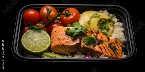 Office meal prepped in a lunchbox with salmon tomatoes lemon potato and rice 