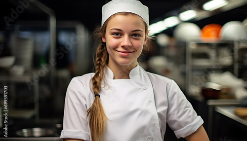 Smiling chef in commercial kitchen preparing food generated by AI