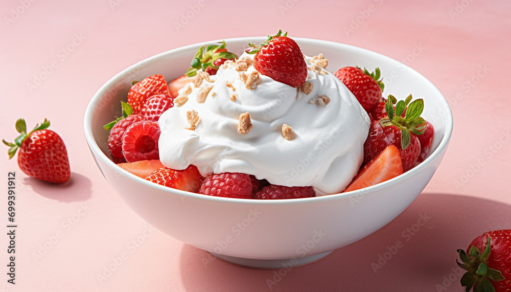 Fresh strawberry dessert in a gourmet yogurt bowl generated by AI Fresh strawberry dessert in a gourmet yogurt bowl generated by AI