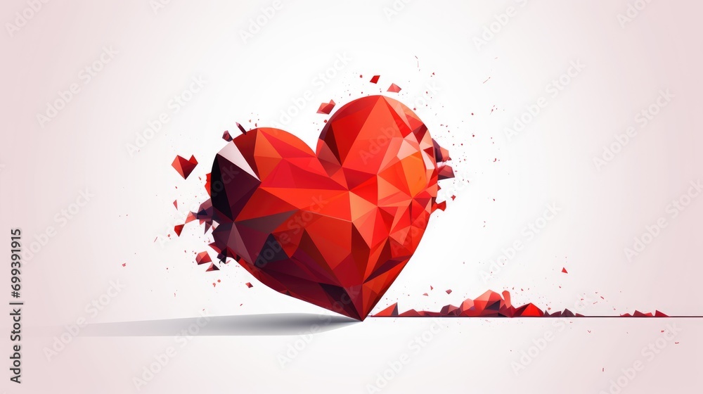 Broken heart in pieces. Breakup concept separation and divorce. Red crumpled heart