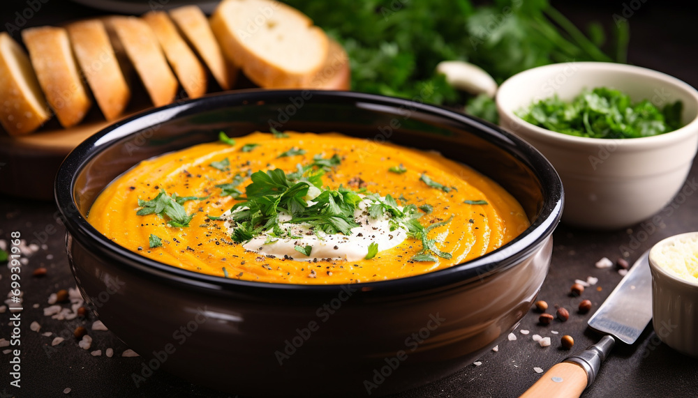 Fresh pumpkin soup served in a rustic wooden bowl generated by AI Fresh pumpkin soup served in a rustic wooden bowl generated by AI