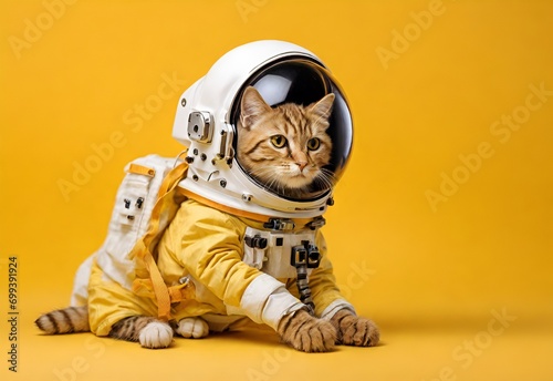 Cat wearing spacesuit isolated on solid background. Cosmic Cat  Feline Explorer in Astronaut Attire