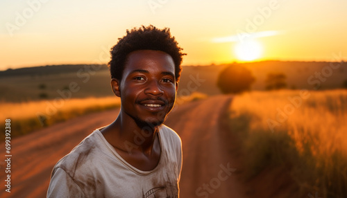 Smiling African men enjoying nature at sunset generated by AI