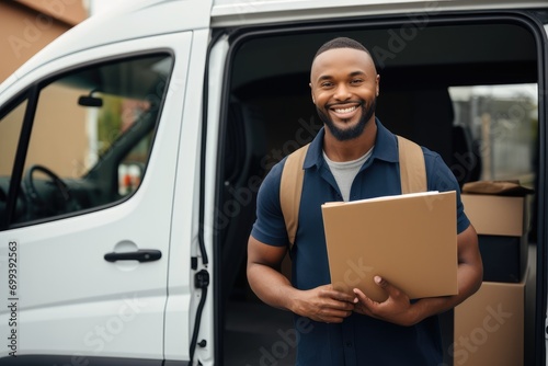 A man holding a box in front of a van