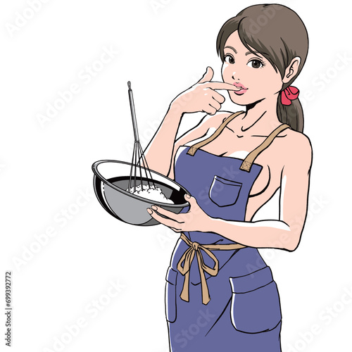 裸エプロンでお料理するセクシーな若い女性