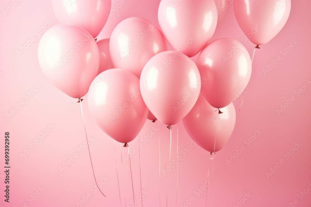A bunch of pink balloons floating in the air