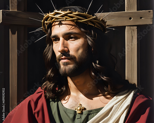 Fototapeta Jesus Christ cruxifixction on the cross with his crown of thorns, carrying the c