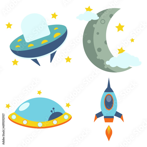 Outer Space Birthday Icon Collection. With Trendy Cartoon Style. Isolated Vector.