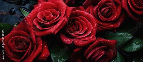 A bunch of red roses with water droplets on them