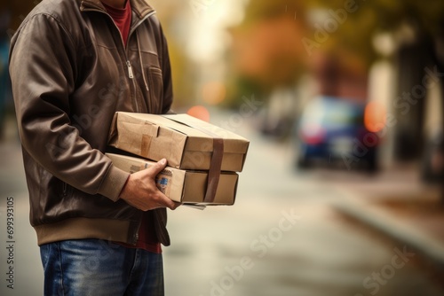 A man holding a box on a city street © pham