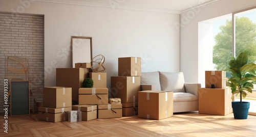 A living room filled with boxes and a couch photo